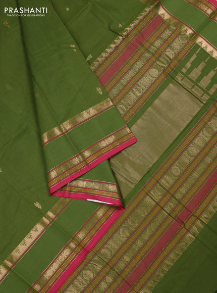 Kanchi cotton saree mehendi green and pink with zari woven buttas and rettapet zari woven border