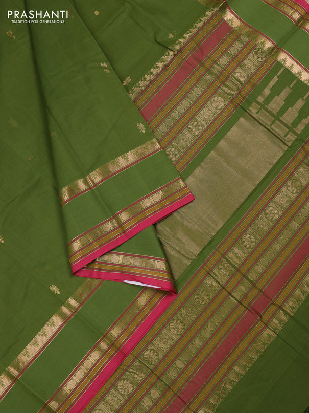 Kanchi cotton saree mehendi green and pink with zari woven buttas and rettapet zari woven border