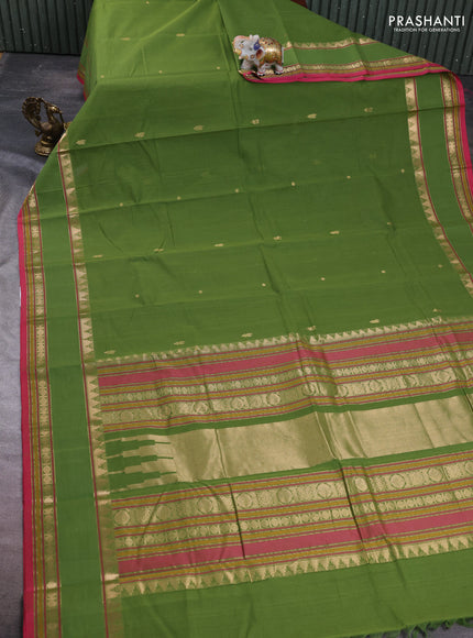 Kanchi cotton saree mehendi green and pink with zari woven buttas and rettapet zari woven border