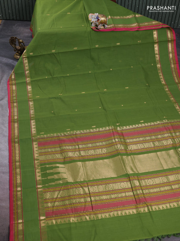 Kanchi cotton saree mehendi green and pink with zari woven buttas and rettapet zari woven border