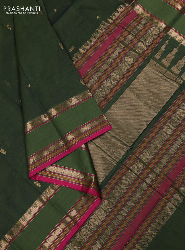 Kanchi cotton saree olive green and pink with zari woven buttas and rettapet zari woven border
