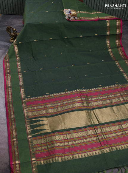 Kanchi cotton saree olive green and pink with zari woven buttas and rettapet zari woven border
