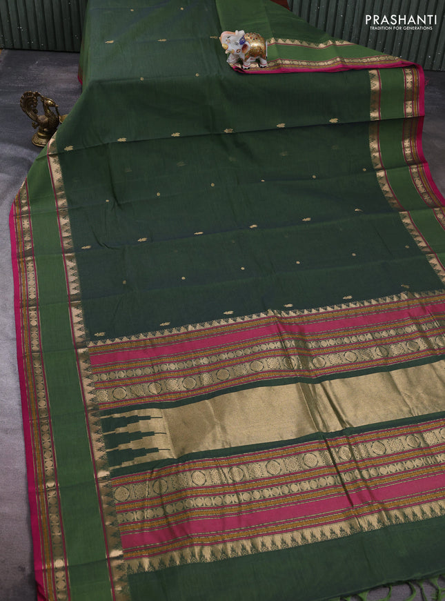Kanchi cotton saree olive green and pink with zari woven buttas and rettapet zari woven border
