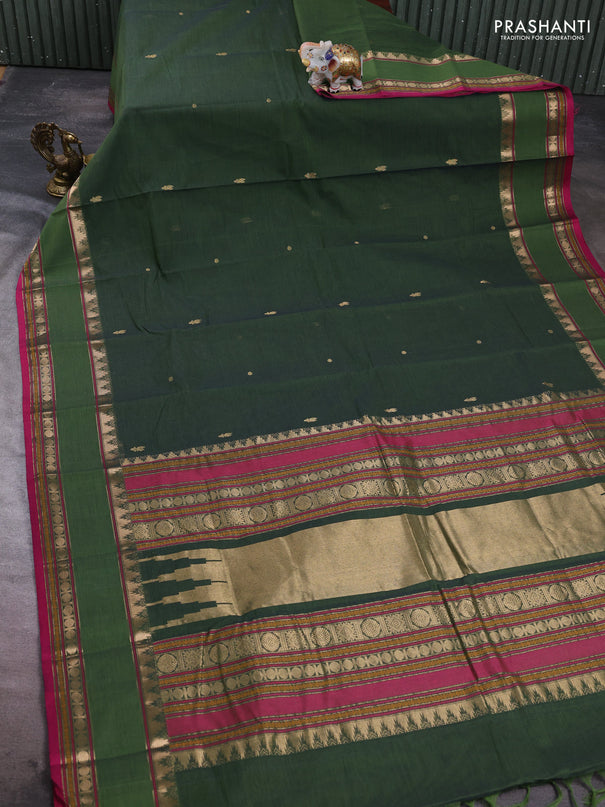 Kanchi cotton saree olive green and pink with zari woven buttas and rettapet zari woven border