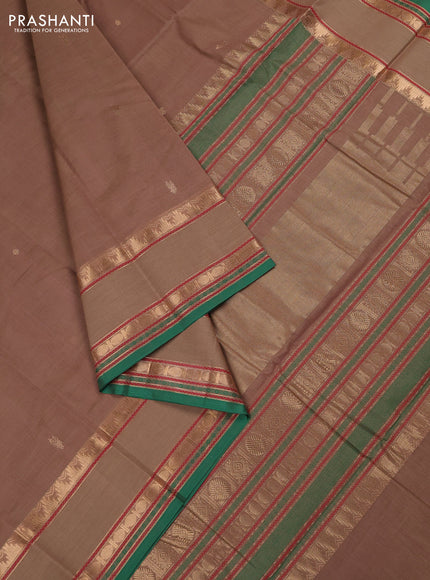 Kanchi cotton saree sandal and green with zari woven buttas and rettapet zari woven border