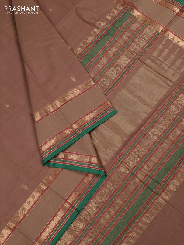 Kanchi cotton saree sandal and green with zari woven buttas and rettapet zari woven border