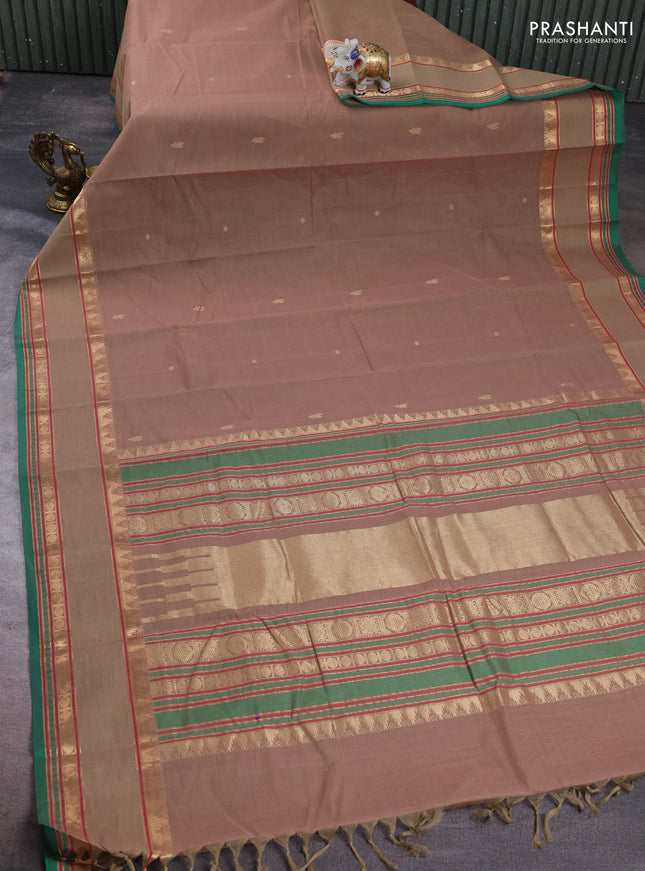 Kanchi cotton saree sandal and green with zari woven buttas and rettapet zari woven border