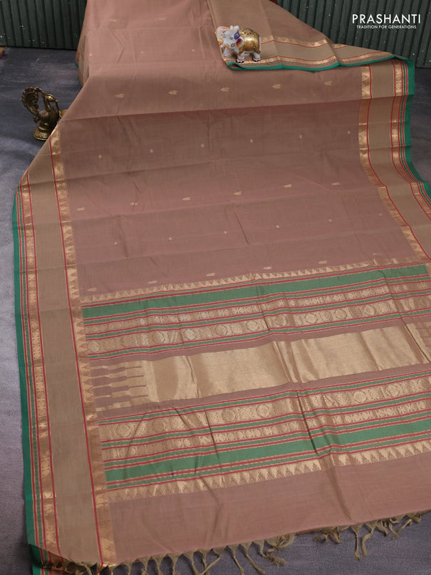 Kanchi cotton saree sandal and green with zari woven buttas and rettapet zari woven border
