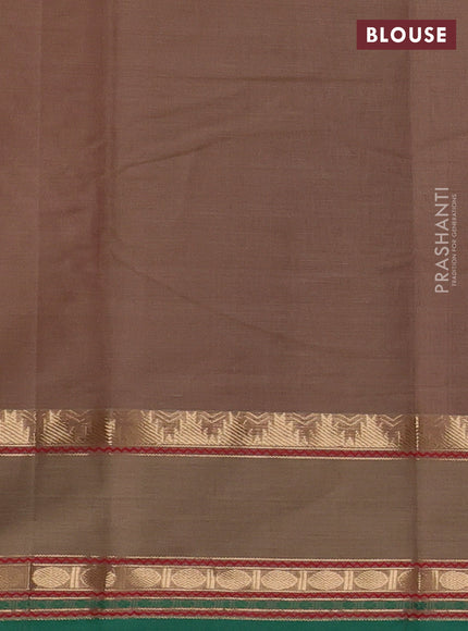 Kanchi cotton saree sandal and green with zari woven buttas and rettapet zari woven border