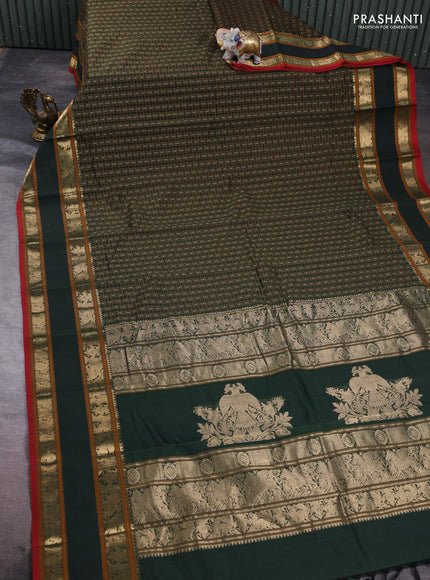 Kanchi cotton saree bottle green and red with allover thread woven checks & buttas and rettapet zari woven border