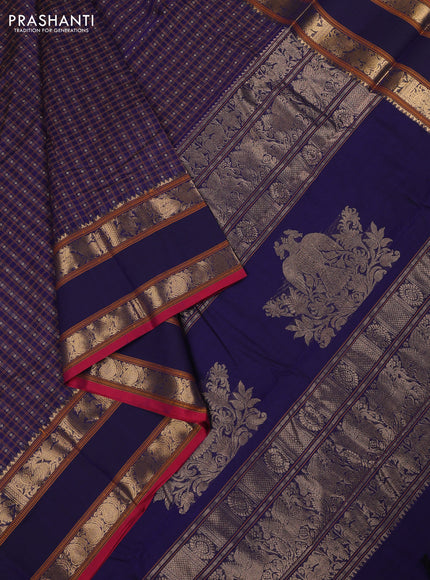 Kanchi cotton saree navy blue and pink with allover thread woven checks & buttas and rettapet zari woven border
