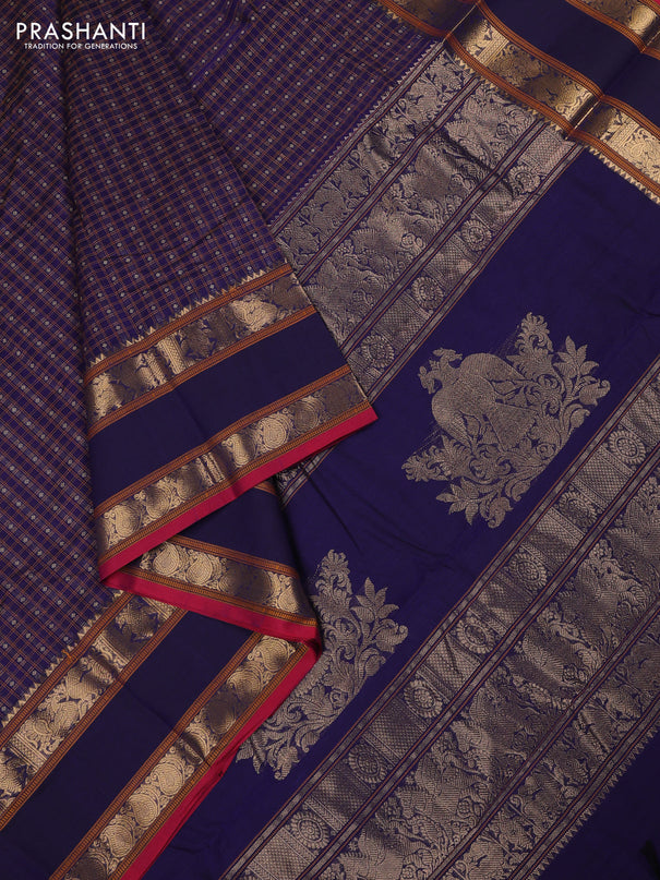 Kanchi cotton saree navy blue and pink with allover thread woven checks & buttas and rettapet zari woven border