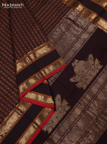 Kanchi cotton saree wine shade and red with allover thread woven checks & buttas and rettapet zari woven border