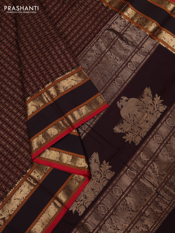 Kanchi cotton saree wine shade and red with allover thread woven checks & buttas and rettapet zari woven border