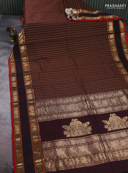 Kanchi cotton saree wine shade and red with allover thread woven checks & buttas and rettapet zari woven border