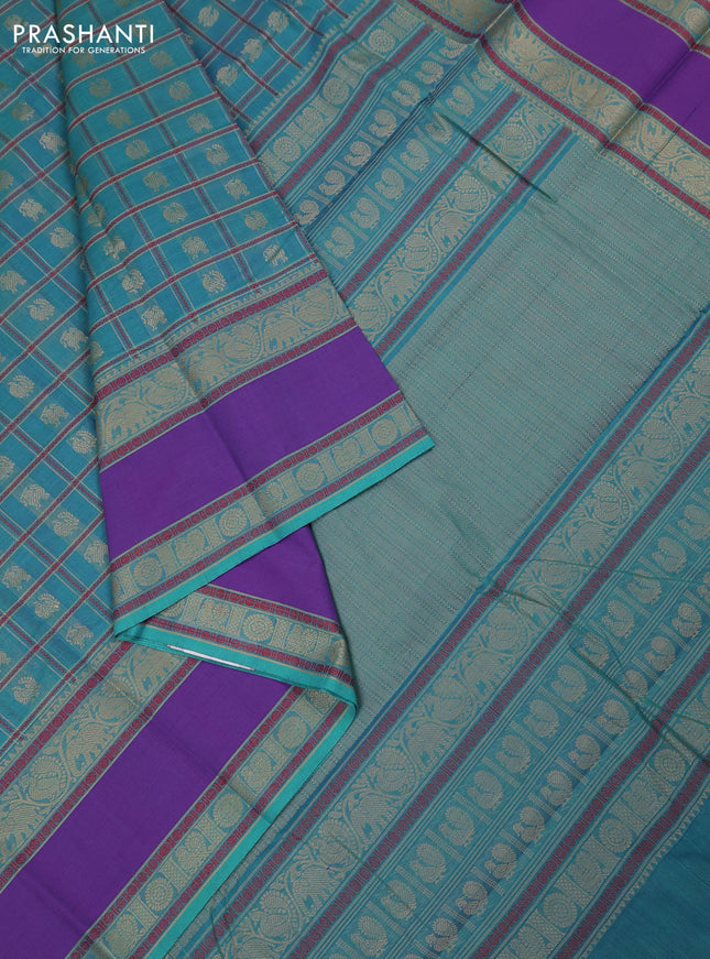 Kanchi cotton saree teal green and lavender with allover thread woven checks & buttas and rettapet zari woven border