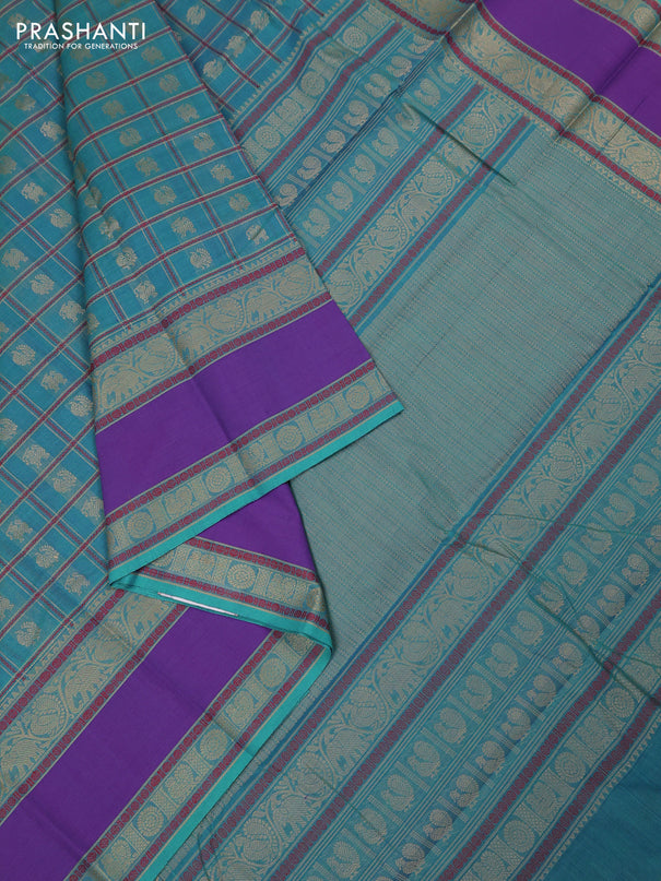 Kanchi cotton saree teal green and lavender with allover thread woven checks & buttas and rettapet zari woven border