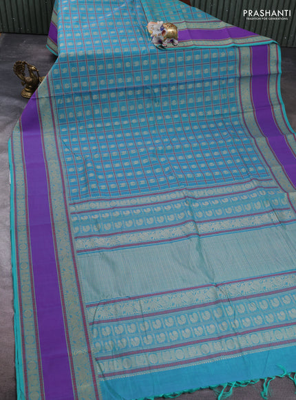 Kanchi cotton saree teal green and lavender with allover thread woven checks & buttas and rettapet zari woven border