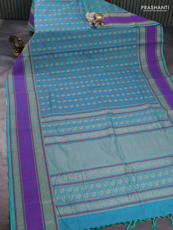 Kanchi cotton saree teal green and lavender with allover thread woven checks & buttas and rettapet zari woven border