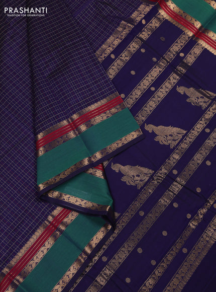 Kanchi cotton saree navy blue and green with allover thread woven checks & buttas and rettapet zari woven border