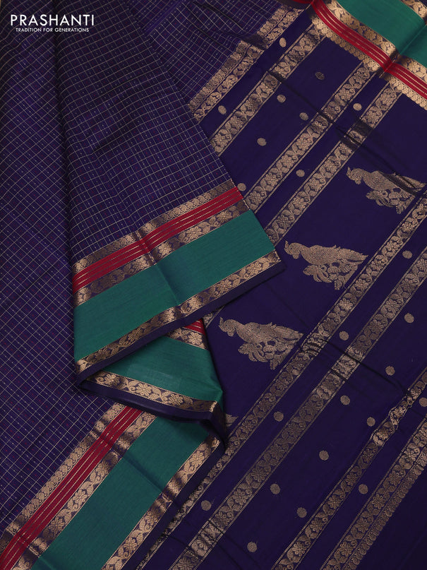 Kanchi cotton saree navy blue and green with allover thread woven checks & buttas and rettapet zari woven border