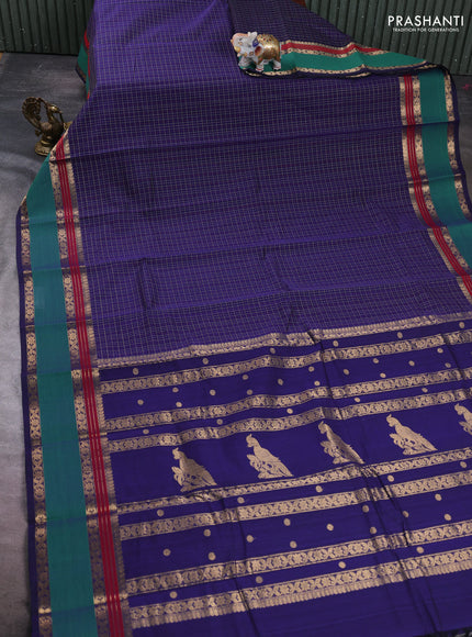 Kanchi cotton saree navy blue and green with allover thread woven checks & buttas and rettapet zari woven border