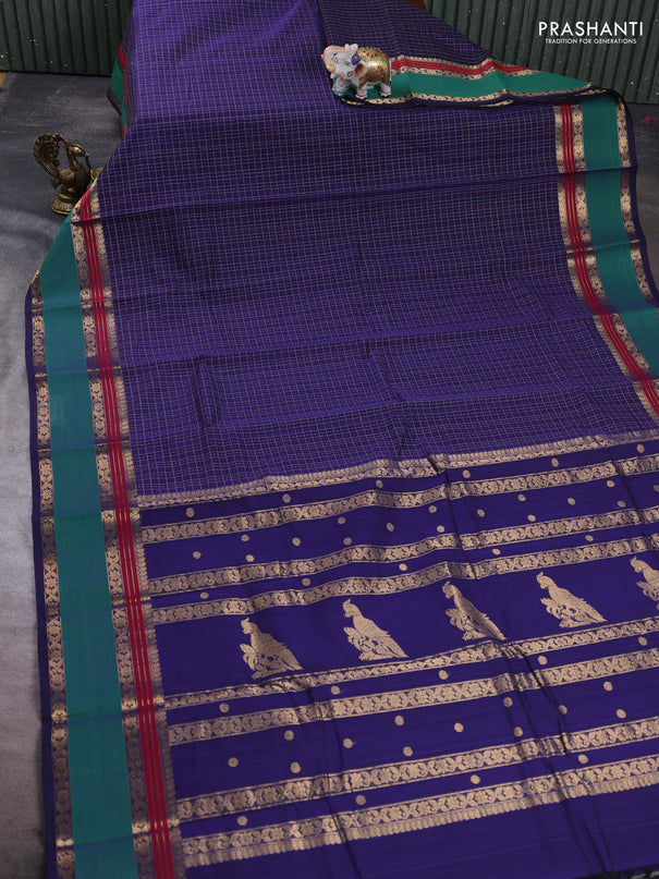Kanchi cotton saree navy blue and green with allover thread woven checks & buttas and rettapet zari woven border