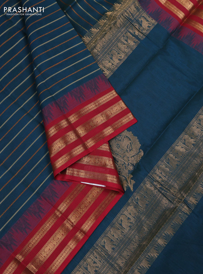 Kanchi cotton saree peacock green and maroon with allover thread weaves and temple design zari woven border