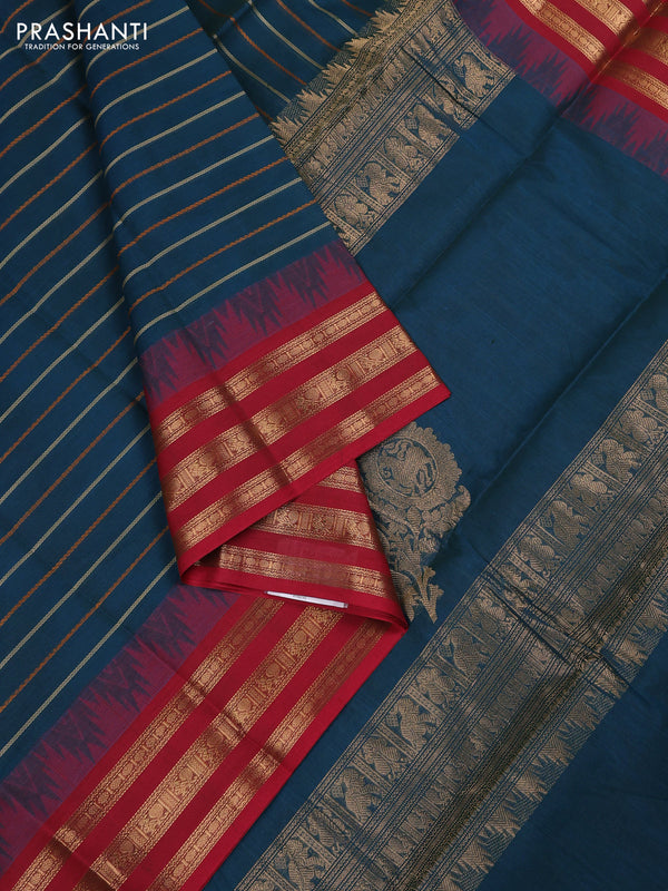 Kanchi cotton saree peacock green and maroon with allover thread weaves and temple design zari woven border