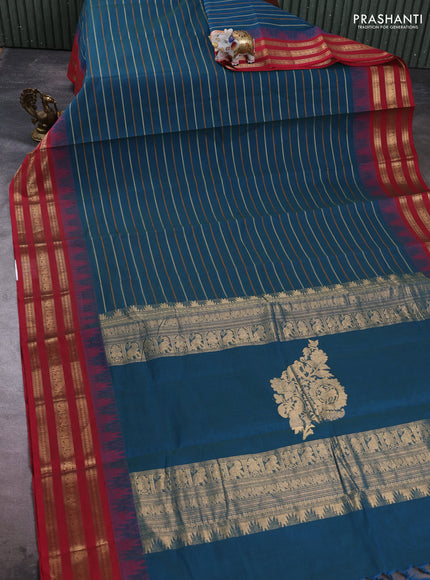 Kanchi cotton saree peacock green and maroon with allover thread weaves and temple design zari woven border