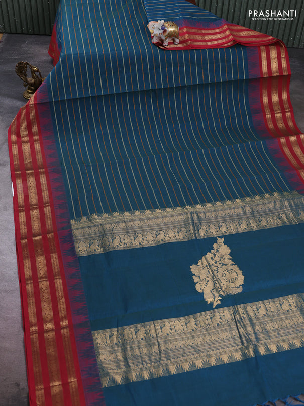 Kanchi cotton saree peacock green and maroon with allover thread weaves and temple design zari woven border