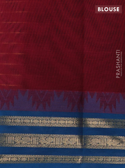 Kanchi cotton saree maroon and peacock blue with allover thread weaves and temple design zari woven border