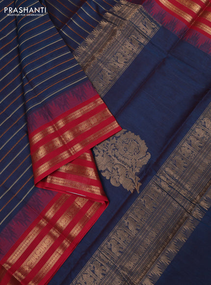 Kanchi cotton saree peacock blue and red with allover thread weaves and temple design zari woven border
