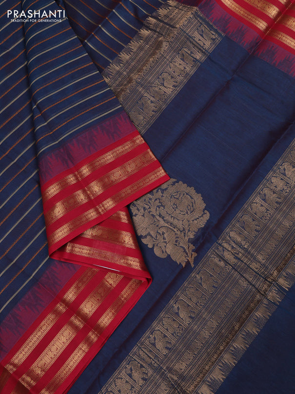 Kanchi cotton saree peacock blue and red with allover thread weaves and temple design zari woven border