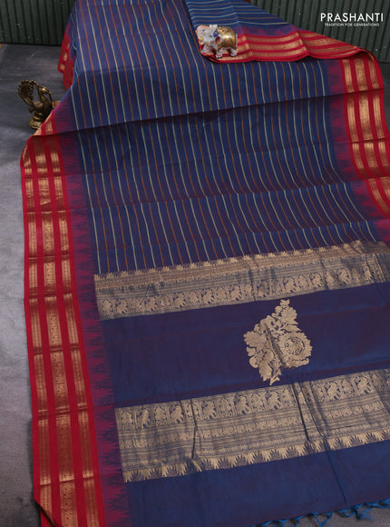 Kanchi cotton saree peacock blue and red with allover thread weaves and temple design zari woven border