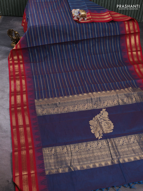 Kanchi cotton saree peacock blue and red with allover thread weaves and temple design zari woven border