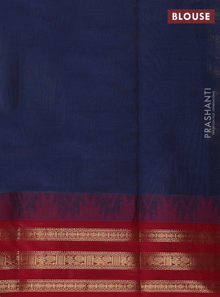 Kanchi cotton saree peacock blue and red with allover thread weaves and temple design zari woven border