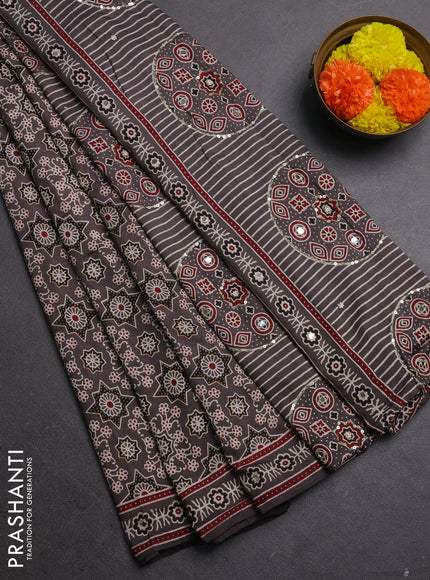 Muslin silk saree grey and maroon with allover ajrakh prints and sequin mirror work embroidery pallu
