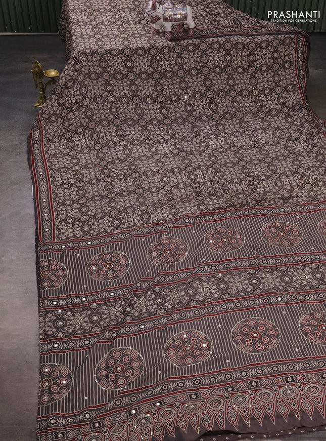 Muslin silk saree grey and maroon with allover ajrakh prints and sequin mirror work embroidery pallu