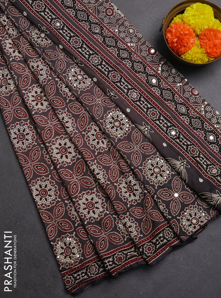Muslin silk saree grey with allover ajrakh prints and sequin mirror work embroidery pallu