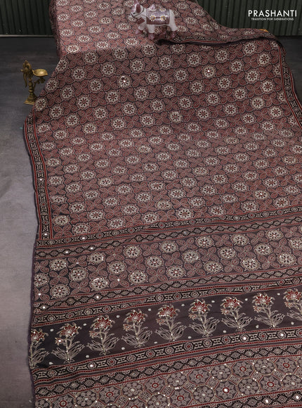 Muslin silk saree grey with allover ajrakh prints and sequin mirror work embroidery pallu
