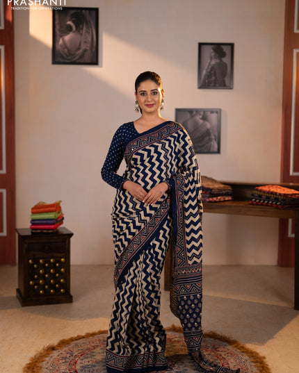 Muslin silk saree indigo blue beige with allover zigzag prints and sequin mirror work embroidery pallu