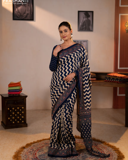 Muslin silk saree indigo blue beige with allover zigzag prints and sequin mirror work embroidery pallu