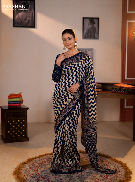 Muslin silk saree indigo blue beige with allover zigzag prints and sequin mirror work embroidery pallu