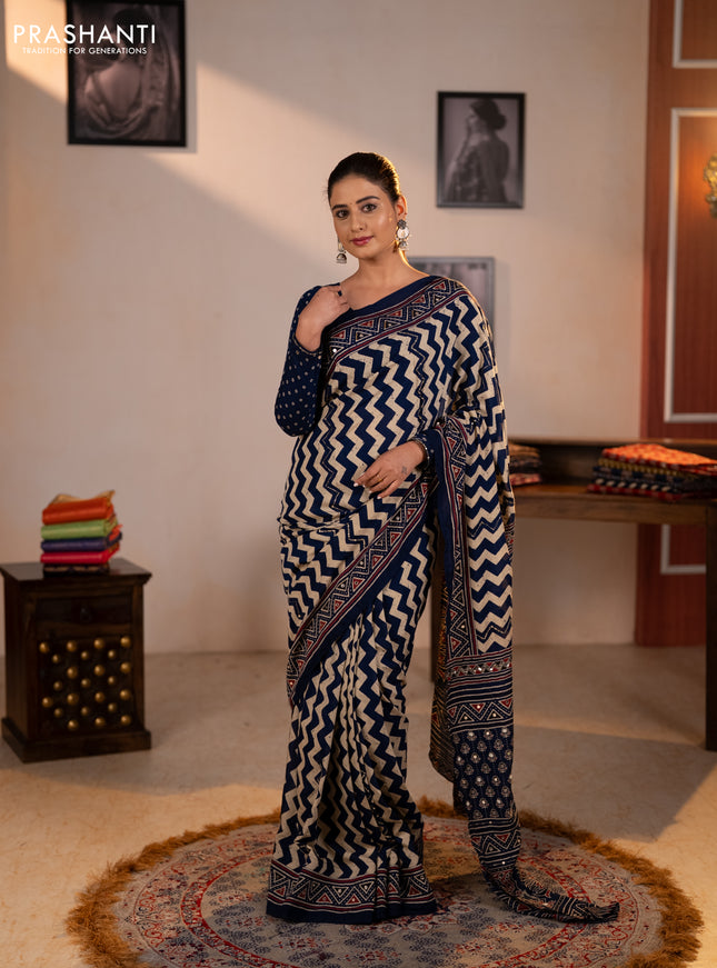 Muslin silk saree indigo blue beige with allover zigzag prints and sequin mirror work embroidery pallu