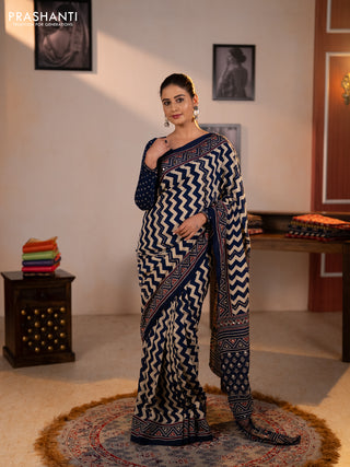 Muslin silk saree indigo blue beige with allover zigzag prints and sequin mirror work embroidery pallu