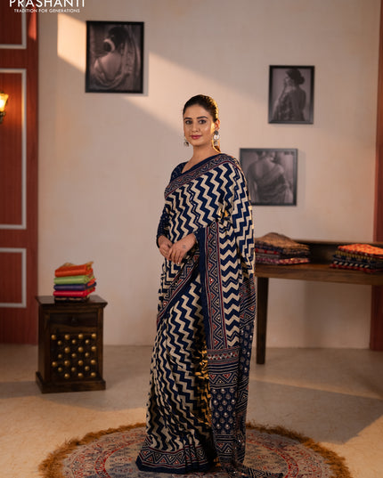 Muslin silk saree indigo blue beige with allover zigzag prints and sequin mirror work embroidery pallu