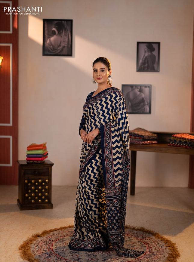 Muslin silk saree indigo blue beige with allover zigzag prints and sequin mirror work embroidery pallu