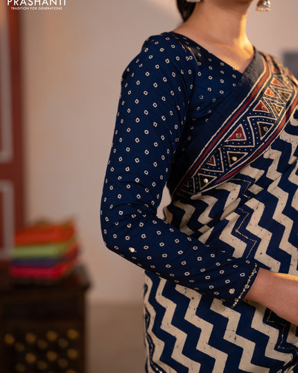 Muslin silk saree indigo blue beige with allover zigzag prints and sequin mirror work embroidery pallu