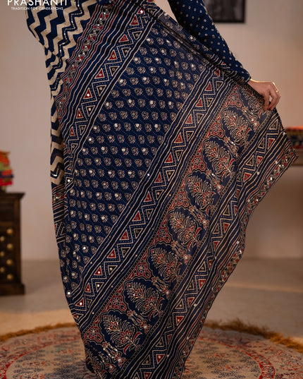 Muslin silk saree indigo blue beige with allover zigzag prints and sequin mirror work embroidery pallu